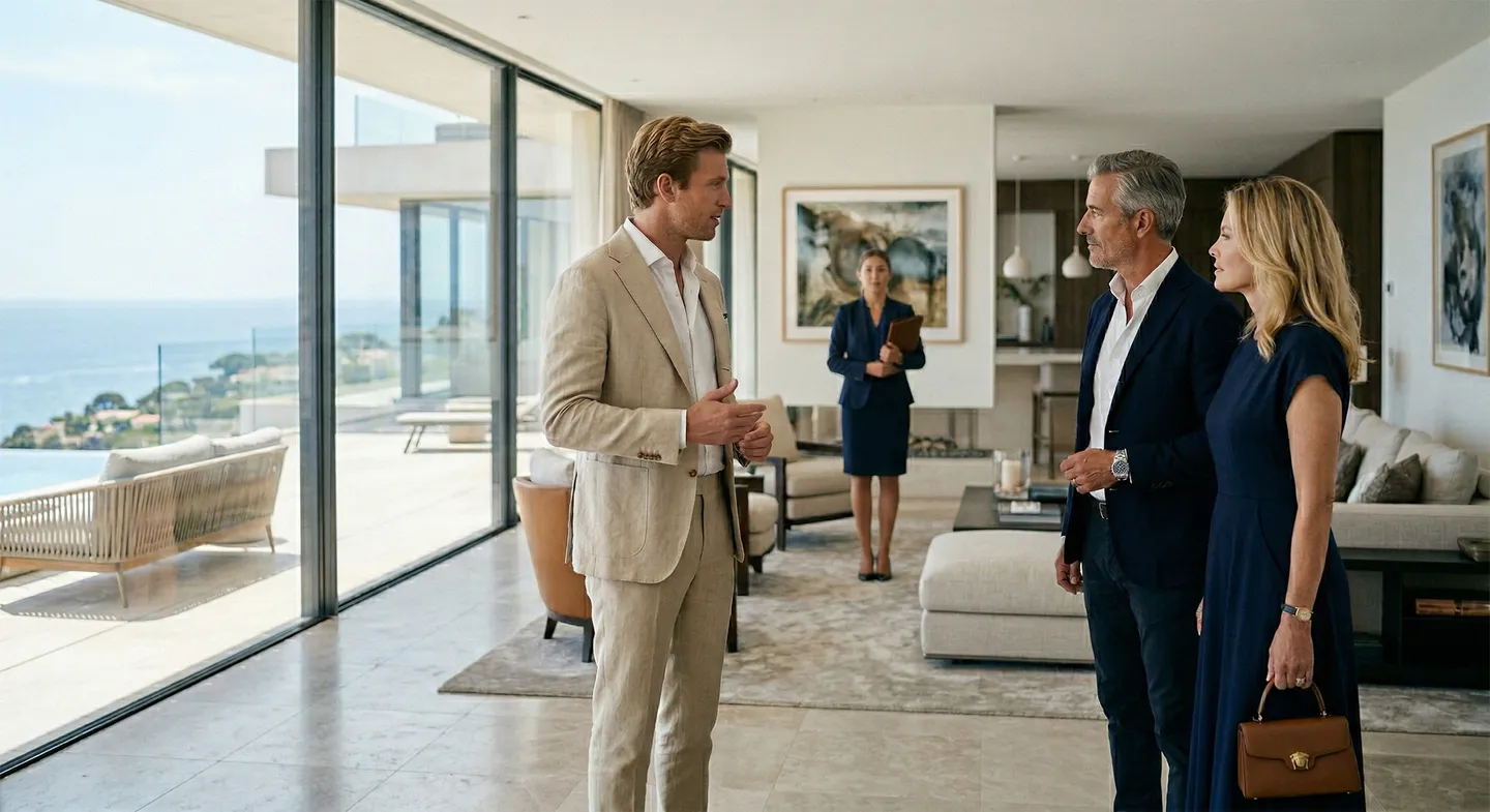 Real estate agent with customers, looking at a tablet, in modern office with city view