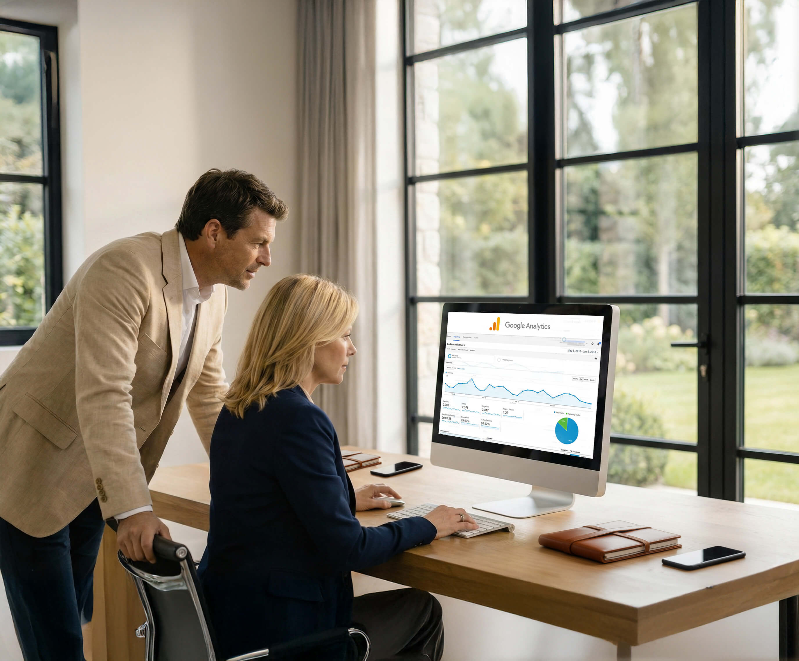 Marketeers bekijken online statistieken op een desktopcomputer