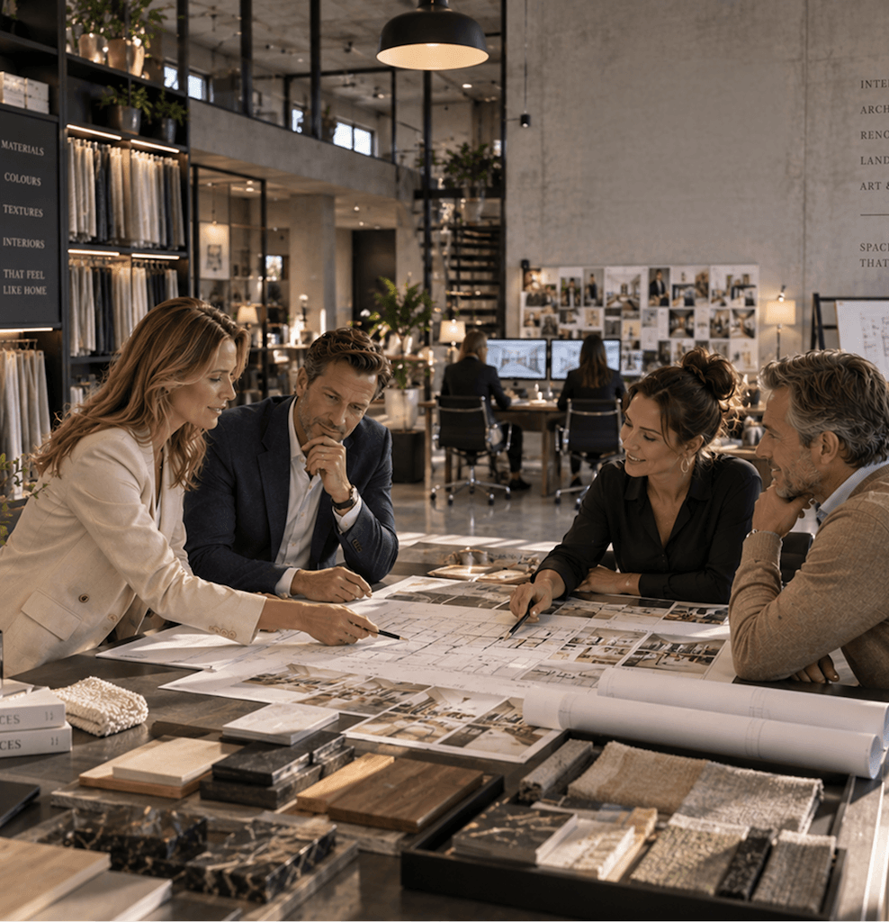 Ontwerpteam bespreekt plannen en materiaalmonsters in een designstudio