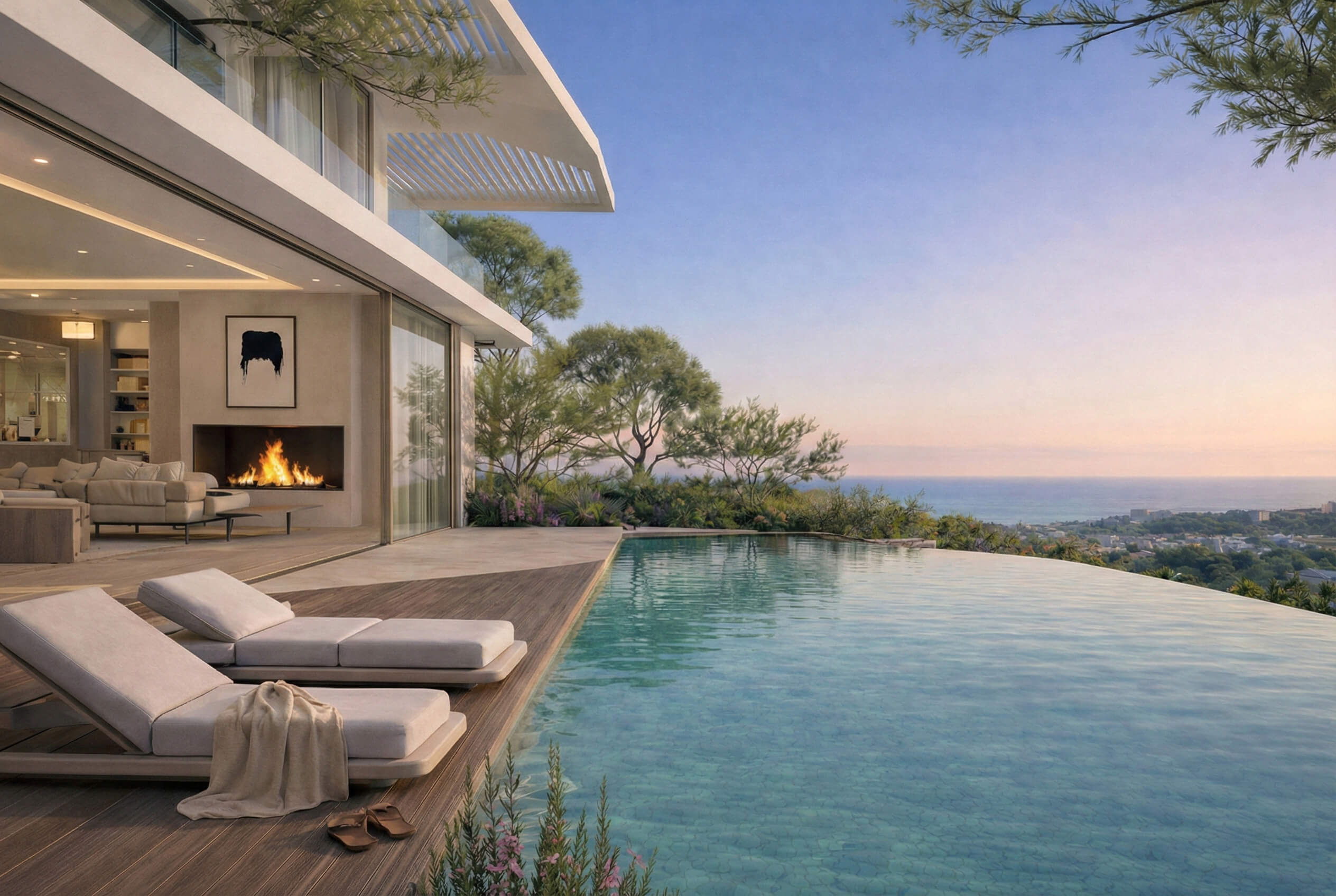 Villa met infinity pool en zeezicht bij zonsondergang
