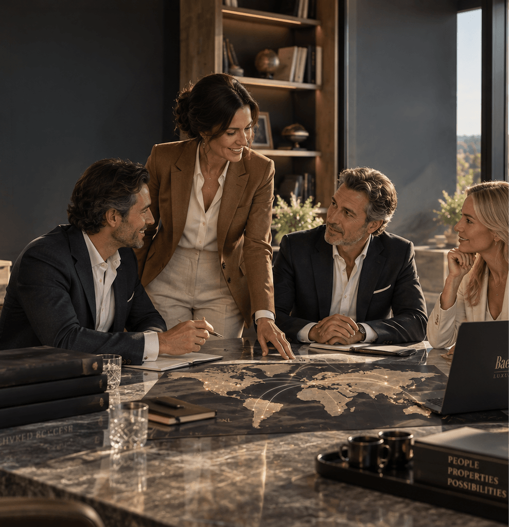 Makelaars overleggen rond een tafel met een wereldkaart
