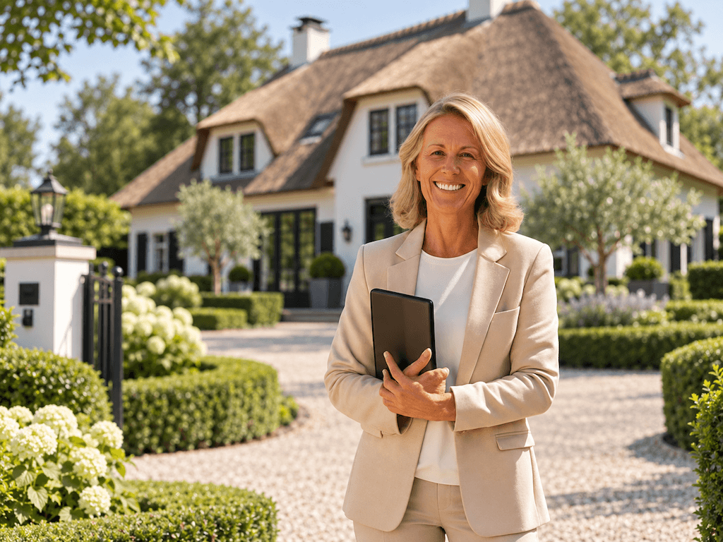 Makelaar met tablet voor een exclusieve woning met tuin