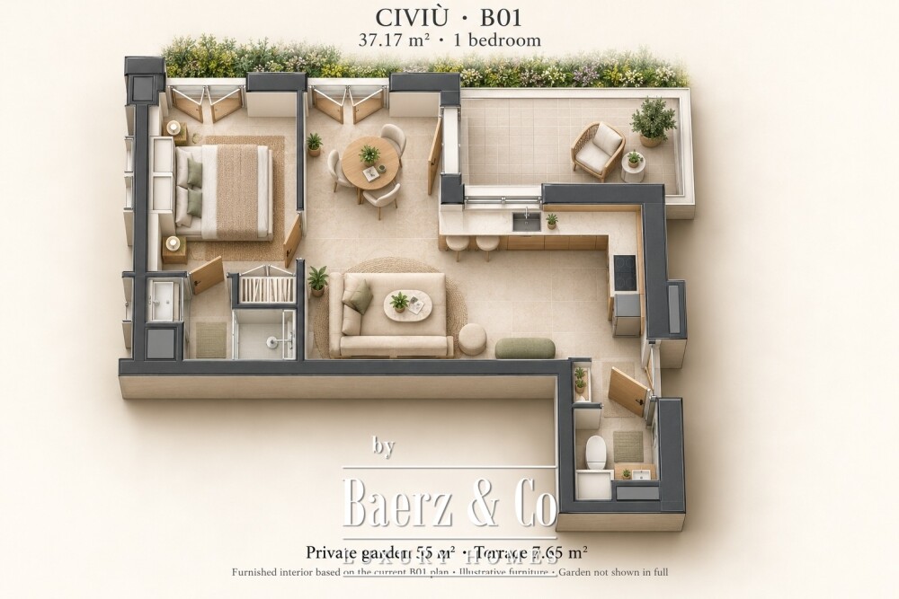 CIVIÙ B01 — One-bedroom garden apartment with private terrace image